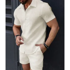 Men's T-shirt Suits 2 Pieces Outfits Tee & Shorts Short Sleeve Lapel Summer Plain Fashion Casual 2 Piece Jacquard Vacation Daily Wear Going out Black White Pink Top Tee for Men