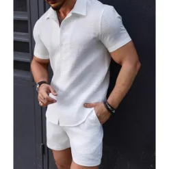 Men's T-shirt Suits 2 Pieces Outfits Tee & Shorts Short Sleeve Lapel Summer Plain Fashion Casual 2 Piece Jacquard Vacation Daily Wear Going out Black White Pink Top Tee for Men