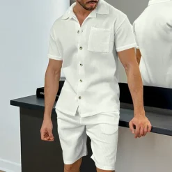 Men's T-shirt Suits 2 Pieces Outfits Tee & Shorts Short Sleeve Turndown Summer Plain Fashion Casual 2 Piece Vacation Daily Wear Going out Black White Blue Top Tee for Men