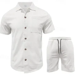 Men's T-shirt Suits 2 Pieces Outfits Tee & Shorts Short Sleeve Turndown Summer Plain Fashion Casual 2 Piece Vacation Daily Wear Going out Black White Blue Top Tee for Men