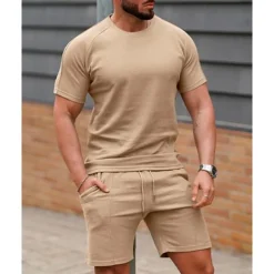 Men's T-shirt Suits 2 Pieces Outfits Tee & Shorts Short Sleeve Crew Neck Summer Plain Fashion Casual 2 Piece Vacation Daily Wear Going out White Pink Green Top Tee for Men