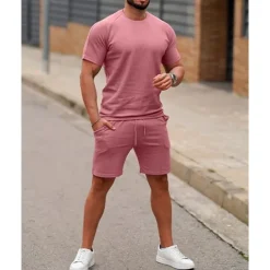 Men's T-shirt Suits 2 Pieces Outfits Tee & Shorts Short Sleeve Crew Neck Summer Plain Fashion Casual 2 Piece Vacation Daily Wear Going out White Pink Green Top Tee for Men