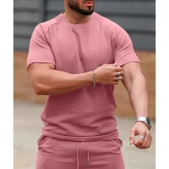 Men's T-shirt Suits 2 Pieces Outfits Tee & Shorts Short Sleeve Crew Neck Summer Plain Fashion Casual 2 Piece Vacation Daily Wear Going out White Pink Green Top Tee for Men