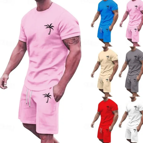 Men's T-shirt Suits 2 Pieces Outfits Tee & Shorts Short Sleeve Crew Neck Summer Coconut Tree Fashion Casual 2 Piece Vacation Daily Wear Going out Black White Yellow Top Tee for Men