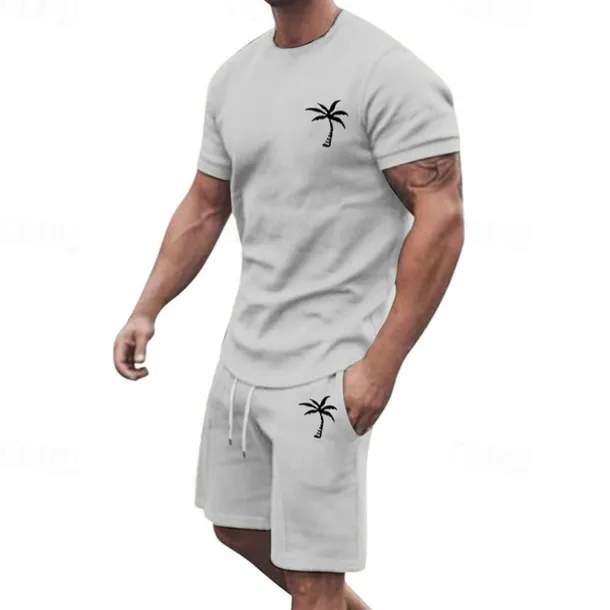 Men's T-shirt Suits 2 Pieces Outfits Tee & Shorts Short Sleeve Crew Neck Summer Coconut Tree Fashion Casual 2 Piece Vacation Daily Wear Going out Black White Yellow Top Tee for Men