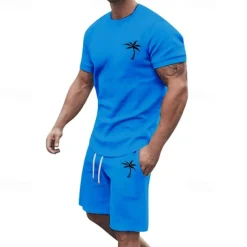 Men's T-shirt Suits 2 Pieces Outfits Tee & Shorts Short Sleeve Crew Neck Summer Coconut Tree Fashion Casual 2 Piece Vacation Daily Wear Going out Black White Yellow Top Tee for Men