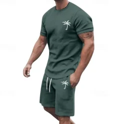 Men's T-shirt Suits 2 Pieces Outfits Tee & Shorts Short Sleeve Crew Neck Summer Coconut Tree Fashion Casual 2 Piece Vacation Daily Wear Going out Black White Yellow Top Tee for Men