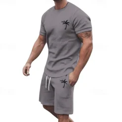 Men's T-shirt Suits 2 Pieces Outfits Tee & Shorts Short Sleeve Crew Neck Summer Coconut Tree Fashion Casual 2 Piece Vacation Daily Wear Going out Black White Yellow Top Tee for Men