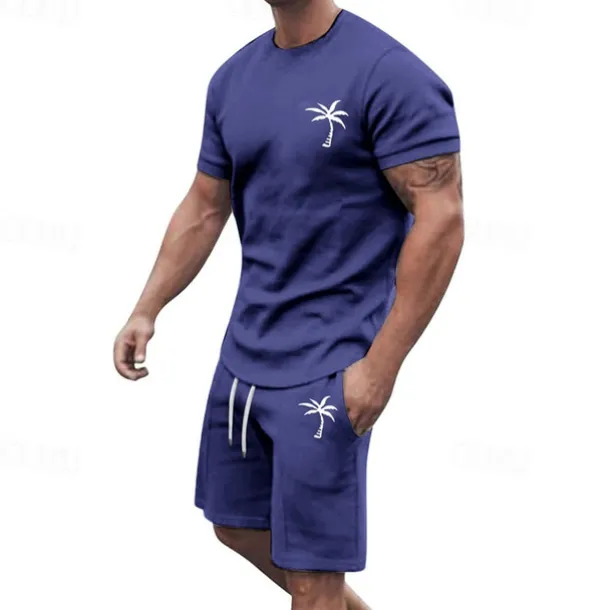 Men's T-shirt Suits 2 Pieces Outfits Tee & Shorts Short Sleeve Crew Neck Summer Coconut Tree Fashion Casual 2 Piece Vacation Daily Wear Going out Black White Yellow Top Tee for Men