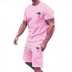 Men's T-shirt Suits 2 Pieces Outfits Tee & Shorts Short Sleeve Crew Neck Summer Coconut Tree Fashion Casual 2 Piece Vacation Daily Wear Going out Black White Yellow Top Tee for Men