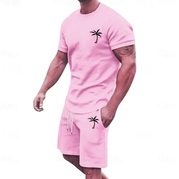 Men's T-shirt Suits 2 Pieces Outfits Tee & Shorts Short Sleeve Crew Neck Summer Coconut Tree Fashion Casual 2 Piece Vacation Daily Wear Going out Black White Yellow Top Tee for Men