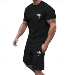 Men's T-shirt Suits 2 Pieces Outfits Tee & Shorts Short Sleeve Crew Neck Summer Coconut Tree Fashion Casual 2 Piece Vacation Daily Wear Going out Black White Yellow Top Tee for Men