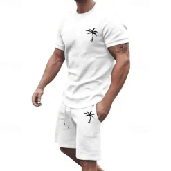 Men's T-shirt Suits 2 Pieces Outfits Tee & Shorts Short Sleeve Crew Neck Summer Coconut Tree Fashion Casual 2 Piece Vacation Daily Wear Going out Black White Yellow Top Tee for Men