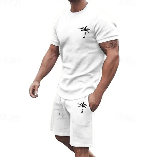 Men's T-shirt Suits 2 Pieces Outfits Tee & Shorts Short Sleeve Crew Neck Summer Coconut Tree Fashion Casual 2 Piece Vacation Daily Wear Going out Black White Yellow Top Tee for Men