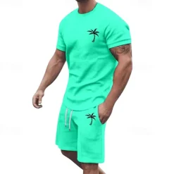Men's T-shirt Suits 2 Pieces Outfits Tee & Shorts Short Sleeve Crew Neck Summer Coconut Tree Fashion Casual 2 Piece Vacation Daily Wear Going out Black White Yellow Top Tee for Men