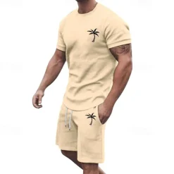 Men's T-shirt Suits 2 Pieces Outfits Tee & Shorts Short Sleeve Crew Neck Summer Coconut Tree Fashion Casual 2 Piece Vacation Daily Wear Going out Black White Yellow Top Tee for Men