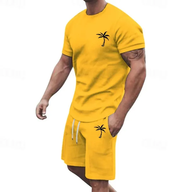 Men's T-shirt Suits 2 Pieces Outfits Tee & Shorts Short Sleeve Crew Neck Summer Coconut Tree Fashion Casual 2 Piece Vacation Daily Wear Going out Black White Yellow Top Tee for Men
