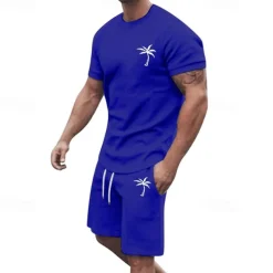 Men's T-shirt Suits 2 Pieces Outfits Tee & Shorts Short Sleeve Crew Neck Summer Coconut Tree Fashion Casual 2 Piece Vacation Daily Wear Going out Black White Yellow Top Tee for Men