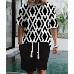 Men's T-shirt Suits 2 Pieces Outfits Tee & Shorts Short Sleeve Crew Neck Summer Striped Fashion Casual 2 Piece Vacation Daily Wear Going out Black Red Blue Top Tee for Men