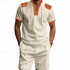 Men's T-shirt Suits 2 Pieces Outfits Tee & Shorts Short Sleeve Standing Collar Summer Color Block Fashion Casual Lace up 2 Piece Vacation Daily Wear Going out Black White Royal Blue Top Tee for Men