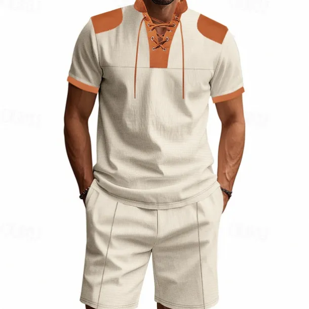 Men's T-shirt Suits 2 Pieces Outfits Tee & Shorts Short Sleeve Standing Collar Summer Color Block Fashion Casual Lace up 2 Piece Vacation Daily Wear Going out Black White Royal Blue Top Tee for Men