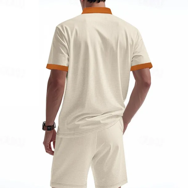 Men's T-shirt Suits 2 Pieces Outfits Tee & Shorts Short Sleeve Standing Collar Summer Color Block Fashion Casual Lace up 2 Piece Vacation Daily Wear Going out Black White Royal Blue Top Tee for Men