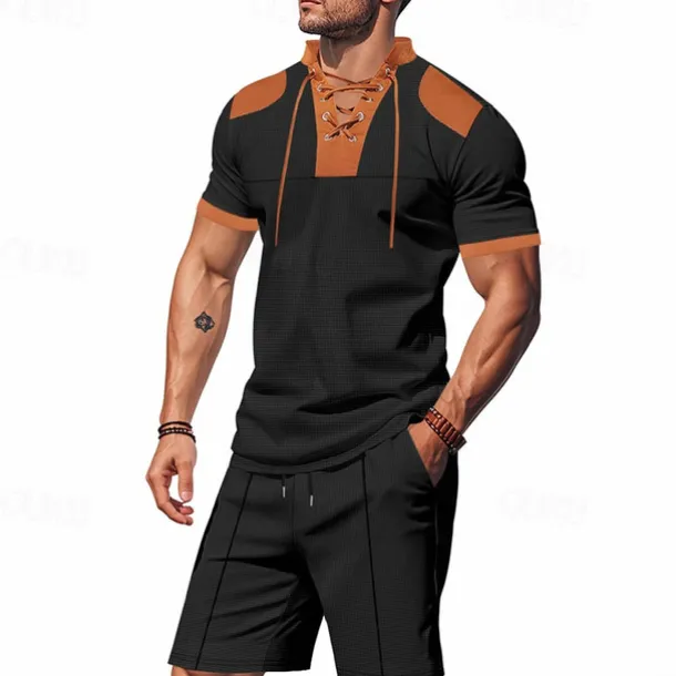 Men's T-shirt Suits 2 Pieces Outfits Tee & Shorts Short Sleeve Standing Collar Summer Color Block Fashion Casual Lace up 2 Piece Vacation Daily Wear Going out Black White Royal Blue Top Tee for Men