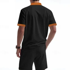 Men's T-shirt Suits 2 Pieces Outfits Tee & Shorts Short Sleeve Standing Collar Summer Color Block Fashion Casual Lace up 2 Piece Vacation Daily Wear Going out Black White Royal Blue Top Tee for Men