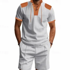 Men's T-shirt Suits 2 Pieces Outfits Tee & Shorts Short Sleeve Standing Collar Summer Color Block Fashion Casual Lace up 2 Piece Vacation Daily Wear Going out Black White Royal Blue Top Tee for Men