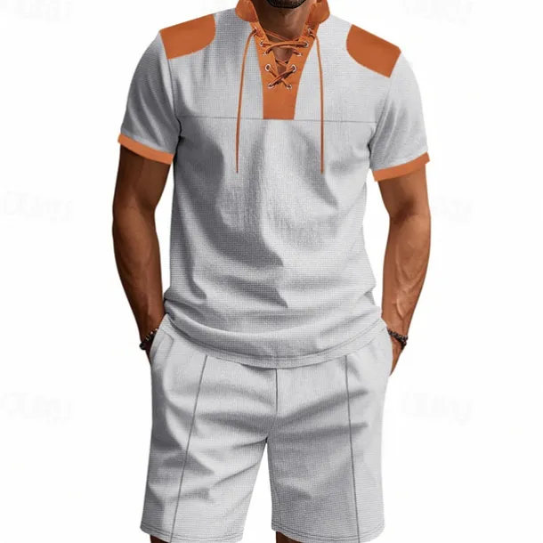 Men's T-shirt Suits 2 Pieces Outfits Tee & Shorts Short Sleeve Standing Collar Summer Color Block Fashion Casual Lace up 2 Piece Vacation Daily Wear Going out Black White Royal Blue Top Tee for Men