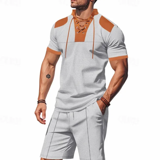 Men's T-shirt Suits 2 Pieces Outfits Tee & Shorts Short Sleeve Standing Collar Summer Color Block Fashion Casual Lace up 2 Piece Vacation Daily Wear Going out Black White Royal Blue Top Tee for Men