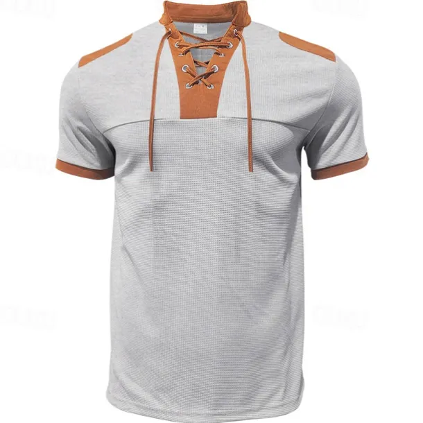 Men's T-shirt Suits 2 Pieces Outfits Tee & Shorts Short Sleeve Standing Collar Summer Color Block Fashion Casual Lace up 2 Piece Vacation Daily Wear Going out Black White Royal Blue Top Tee for Men