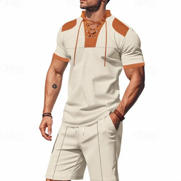 Men's T-shirt Suits 2 Pieces Outfits Tee & Shorts Short Sleeve Standing Collar Summer Color Block Fashion Casual Lace up 2 Piece Vacation Daily Wear Going out Black White Royal Blue Top Tee for Men