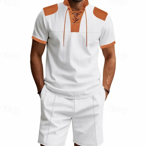 Men's T-shirt Suits 2 Pieces Outfits Tee & Shorts Short Sleeve Standing Collar Summer Color Block Fashion Casual Lace up 2 Piece Vacation Daily Wear Going out Black White Royal Blue Top Tee for Men