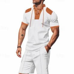 Men's T-shirt Suits 2 Pieces Outfits Tee & Shorts Short Sleeve Standing Collar Summer Color Block Fashion Casual Lace up 2 Piece Vacation Daily Wear Going out Black White Royal Blue Top Tee for Men