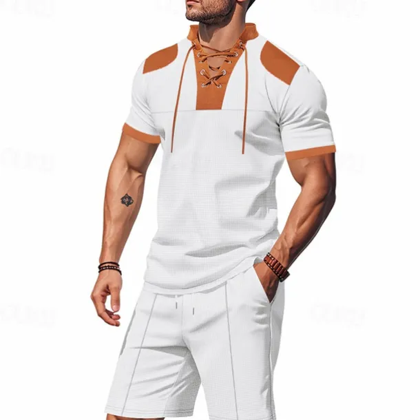 Men's T-shirt Suits 2 Pieces Outfits Tee & Shorts Short Sleeve Standing Collar Summer Color Block Fashion Casual Lace up 2 Piece Vacation Daily Wear Going out Black White Royal Blue Top Tee for Men