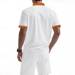 Men's T-shirt Suits 2 Pieces Outfits Tee & Shorts Short Sleeve Standing Collar Summer Color Block Fashion Casual Lace up 2 Piece Vacation Daily Wear Going out Black White Royal Blue Top Tee for Men