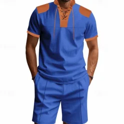 Men's T-shirt Suits 2 Pieces Outfits Tee & Shorts Short Sleeve Standing Collar Summer Color Block Fashion Casual Lace up 2 Piece Vacation Daily Wear Going out Black White Royal Blue Top Tee for Men
