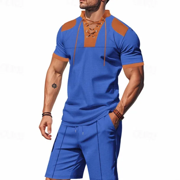 Men's T-shirt Suits 2 Pieces Outfits Tee & Shorts Short Sleeve Standing Collar Summer Color Block Fashion Casual Lace up 2 Piece Vacation Daily Wear Going out Black White Royal Blue Top Tee for Men