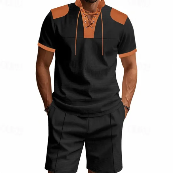 Men's T-shirt Suits 2 Pieces Outfits Tee & Shorts Short Sleeve Standing Collar Summer Color Block Fashion Casual Lace up 2 Piece Vacation Daily Wear Going out Black White Royal Blue Top Tee for Men