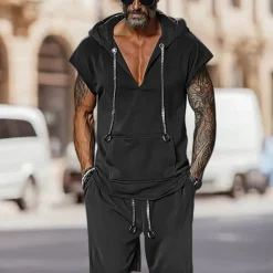 Men's T-shirt Suits 2 Pieces Outfits Tee & Shorts Short Sleeve Hooded Summer Plain Fashion Casual 2 Piece Vacation Daily Wear Going out Black Brown Top Tee for Men