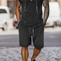 Men's T-shirt Suits 2 Pieces Outfits Tee & Shorts Short Sleeve Hooded Summer Plain Fashion Casual 2 Piece Vacation Daily Wear Going out Black Brown Top Tee for Men
