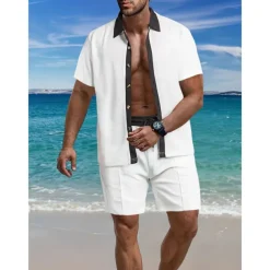Men's T-shirt Suits 2 Pieces Outfits Tee & Shorts Short Sleeve Lapel Summer Color Block Fashion Casual 2 Piece Vacation Daily Wear Going out Black White Wine Top Tee for Men