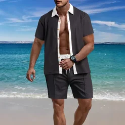 Men's T-shirt Suits 2 Pieces Outfits Tee & Shorts Short Sleeve Lapel Summer Color Block Fashion Casual 2 Piece Vacation Daily Wear Going out Black White Wine Top Tee for Men
