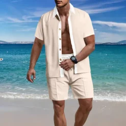 Men's T-shirt Suits 2 Pieces Outfits Tee & Shorts Short Sleeve Lapel Summer Color Block Fashion Casual 2 Piece Vacation Daily Wear Going out Black White Wine Top Tee for Men