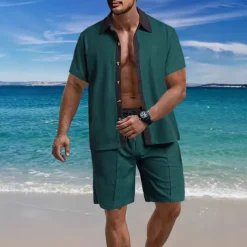 Men's T-shirt Suits 2 Pieces Outfits Tee & Shorts Short Sleeve Lapel Summer Color Block Fashion Casual 2 Piece Vacation Daily Wear Going out Black White Wine Top Tee for Men