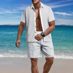 Men's T-shirt Suits 2 Pieces Outfits Tee & Shorts Short Sleeve Lapel Summer Color Block Fashion Casual 2 Piece Vacation Daily Wear Going out Black White Wine Top Tee for Men