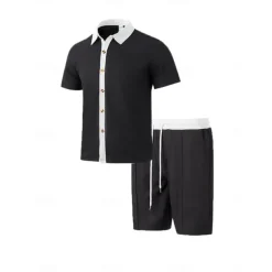 Men's T-shirt Suits 2 Pieces Outfits Tee & Shorts Short Sleeve Lapel Summer Color Block Fashion Casual 2 Piece Vacation Daily Wear Going out Black White Wine Top Tee for Men