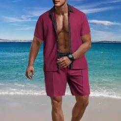 Men's T-shirt Suits 2 Pieces Outfits Tee & Shorts Short Sleeve Lapel Summer Color Block Fashion Casual 2 Piece Vacation Daily Wear Going out Black White Wine Top Tee for Men