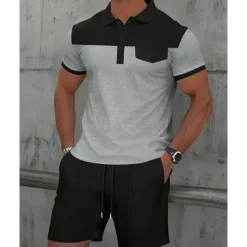 Men's T-shirt Suits 2 Pieces Outfits Tee & Shorts Short Sleeve Lapel Summer Color Block Fashion Casual Patchwork Pocket 2 Piece Vacation Daily Wear Going out Wine Dark Green khaki Top Tee for Men